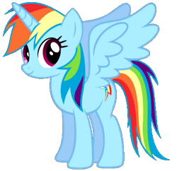 Size: 393x380 | Tagged: safe, imported from derpibooru, rainbow dash, alicorn, pony, alicornified, female, horn, mare, multicolored hair, race swap, rainbow hair, rainbowcorn, simple background, smiling, spread wings, transparent background, wings