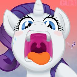 Size: 1079x1079 | Tagged: safe, artist:gum-k, imported from derpibooru, rarity, unicorn, blue eyes, blushing, confused, esophagus, mawshot, open mouth, oral invitation, question mark, raripred, slimy, sweat, sweatdrop, taste buds, tongue out, uvula