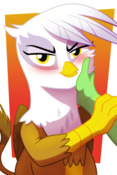 Size: 2048x3048 | Tagged: safe, artist:whitequartztheartist, imported from derpibooru, gilda, oc, oc:anon, griffon, blushing, cute, gildadorable, offscreen character, petting, solo