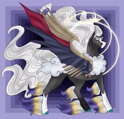 Size: 3541x3397 | Tagged: safe, artist:inisealga, imported from derpibooru, oc, oc only, oc:angel, fanfic:piercing the heavens, abstract background, coat markings, colored hooves, facial markings, final fantasy, final fantasy vii, final form, halo, male, sephiroth, socks (coat markings), solo, spread wings, stallion, wings