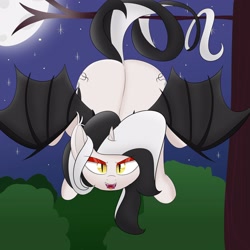 Size: 3000x3000 | Tagged: safe, artist:bestponies, imported from derpibooru, oc, oc only, oc:diamond bat, oc:diamond horseshoe, bat pony, pony, unicorn, bat pony oc, bat wings, both cutie marks, dead tree, eyeshadow, fangs, female, hanging, hanging upside down, looking at you, makeup, mare, moon, solo, stars, tree, upside down, wings, yellow eyes