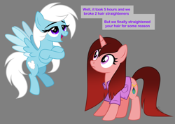 Size: 5500x3900 | Tagged: safe, artist:feather_bloom, imported from derpibooru, oc, oc:feather_bloom, oc:paige scribble(kaitykat), pegasus, pony, unicorn, alternate hairstyle, clothes, duo, flying, shirt