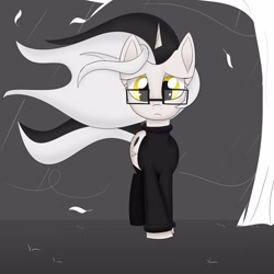 Size: 3000x3000 | Tagged: safe, artist:bestponies, imported from derpibooru, oc, oc:diamond horseshoe, pony, unicorn, clothes, dead tree, female, glasses, leaves, looking down, mare, rain, sad, sad face, socks, solo, sweater, tree, vent art, wind, windswept hair, windswept mane, yellow eyes