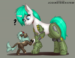 Size: 4093x3169 | Tagged: safe, artist:jcosneverexisted, imported from derpibooru, oc, oc only, oc:grease pan, oc:wind, cyborg, kirin, pony, unicorn, cybernetic legs, duo, female, looking at each other, looking at someone, mare, polishing, question mark, size difference