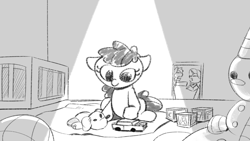 Size: 3840x2160 | Tagged: safe, artist:applephil, imported from derpibooru, earth pony, pony, unicorn, argument, baby, baby pony, blocks, female, filly, foal, grayscale, male, mare, monochrome, plushie, solo focus, spotlight, stallion, toy