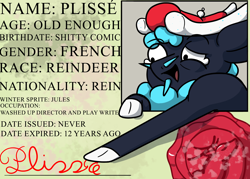 Size: 2100x1500 | Tagged: safe, artist:hemlock conium, imported from derpibooru, oc, oc only, oc:plisse, deer, reindeer, them's fightin' herds, antlers, community related, french, id card, joke oc, license, male, reindeer antlers, reindeer oc, simple shading, solo, tfh oc, them's fightin' herds oc