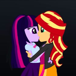 Size: 717x717 | Tagged: safe, artist:sunriseshimmer1275, imported from derpibooru, sunset shimmer, twilight sparkle, human, equestria girls, black background, duo, duo female, female, hug, jpg, kiss on the lips, kissing, lesbian, shipping, simple background, sunsetsparkle