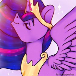 Size: 1280x1280 | Tagged: safe, artist:saltytangerine, imported from derpibooru, twilight sparkle, alicorn, pony, the last problem, crown, eyebrows, eyes closed, flowing mane, jewelry, lidded eyes, necklace, older, older twilight, peytral, princess twilight 2.0, purple background, regalia, simple background, smiling, solo, sparkles, spread wings, twilight sparkle (alicorn), wings