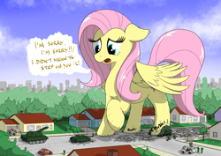 Size: 2883x2043 | Tagged: safe, artist:qkersnll, imported from derpibooru, fluttershy, human, pegasus, pony, city, crushing, destruction, female, giant pony, giantess, giantshy, high res, hoofprints, houses, macro, mare, raised hoof, tank (vehicle)