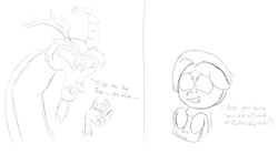 Size: 1227x683 | Tagged: safe, artist:realgero, imported from derpibooru, discord, jasmine leaf, draconequus, earth pony, pony, discordant harmony, 2 panel comic, comic, fire, grayscale, monochrome