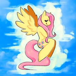 Size: 850x850 | Tagged: safe, artist:cyberdaydream, imported from derpibooru, fluttershy, pegasus, pony, semi-anthro, eyes closed, sky background, solo