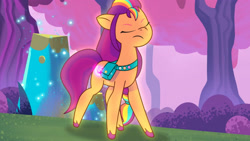 Size: 3410x1920 | Tagged: safe, imported from derpibooru, screencap, sunny starscout, earth pony, pony, spoiler:g5, spoiler:my little pony: tell your tale, spoiler:tyts01e24, eyes closed, female, g5, high res, mane stripe sunny, mare, my little pony: tell your tale, solo, starscout code, transformation, transformation sequence, youtube link