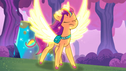 Size: 3410x1920 | Tagged: safe, imported from derpibooru, screencap, sunny starscout, alicorn, pony, spoiler:g5, spoiler:my little pony: tell your tale, spoiler:tyts01e24, artificial horn, artificial wings, augmented, eyes closed, female, g5, high res, horn, magic, magic horn, magic wings, mane stripe sunny, mare, my little pony: tell your tale, race swap, solo, spread wings, starscout code, sunnycorn, transformation, transformation sequence, wings, youtube link