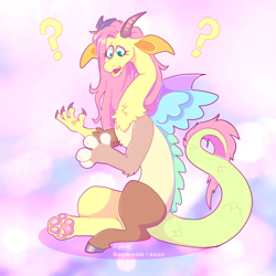 Size: 900x900 | Tagged: safe, artist:cyberdaydream, imported from derpibooru, fluttershy, draconequus, draconequified, flutterequus, paw pads, question mark, solo, species swap