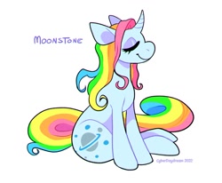 Size: 850x700 | Tagged: safe, artist:cyberdaydream, imported from derpibooru, moonstone, pony, unicorn, eyes closed, g1, multicolored hair, rainbow hair, rainbow tail, simple background, solo, tail, white background