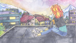 Size: 1476x830 | Tagged: safe, artist:somescallywag, imported from derpibooru, sunset shimmer, human, equestria girls, cropped, looking away, mountain, power line, rooftop, sitting, solo, traditional art, watercolor painting