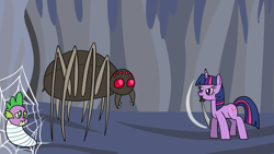 Size: 1920x1080 | Tagged: safe, artist:platinumdrop, imported from derpibooru, spike, twilight sparkle, dragon, pony, spider, unicorn, mouth hold, request, spider web, sword, unicorn twilight, weapon