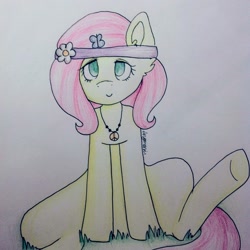 Size: 1024x1024 | Tagged: safe, artist:misocosmis, imported from derpibooru, fluttershy, pony, 2013, female, hippie, hippieshy, mare, old art, peace symbol, pencil drawing, solo, traditional art