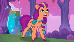 Size: 800x450 | Tagged: safe, imported from derpibooru, screencap, sunny starscout, alicorn, earth pony, pony, spoiler:g5, spoiler:my little pony: tell your tale, spoiler:tyts01e24, abstract background, animated, artificial horn, artificial wings, augmented, crystal, female, flying, g5, glowing, glowing horn, glowing wings, horn, magic, magic glow, magic horn, magic wings, mane stripe sunny, mare, my little pony: tell your tale, race swap, solo, speed lines, starscout code, sunnycorn, transformation, wings, youtube link