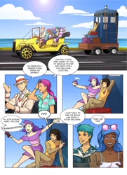 Size: 1052x1456 | Tagged: safe, artist:justdreamer22, imported from derpibooru, hitch trailblazer, izzy moonbow, pipp petals, sunny starscout, zipp storm, human, comic:attack of the cyberman, adric, bessie (car), car, comic, crossover, dark skin, doctor who, driving, female, fifth doctor, g5, humanized, male, my little pony: a new generation, my little pony: make your mark, peter davison, tardis