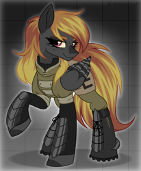 Size: 1428x1735 | Tagged: safe, artist:kannakiller, imported from derpibooru, oc, oc only, oc:black phoenix, pegasus, pony, fallout equestria, armor, boots, clothes, digital art, enclave, female, full body, grand pegasus enclave, hooves, looking at you, mare, pants, pegasus oc, plate, raised hoof, shoes, solo, tail, wings