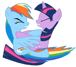 Size: 724x642 | Tagged: safe, artist:benpictures1, imported from derpibooru, rainbow dash, twilight sparkle, pegasus, pony, unicorn, a dog and pony show, crashing, cute, dashabetes, duo, duo female, eyes closed, female, inkscape, simple background, teeth, transparent background, twiabetes, unicorn twilight, vector