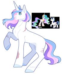 Size: 1511x1778 | Tagged: safe, artist:purplegrim40, imported from derpibooru, princess celestia, shining armor, oc, alicorn, pony, unicorn, female, horn, male, mare, offspring, parent:princess celestia, parent:shining armor, parents:shininglestia, raised hoof, scar, simple background, stallion, transparent background, unicorn oc