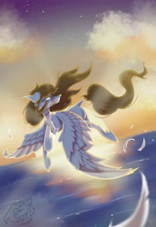 Size: 1975x2874 | Tagged: safe, artist:thelazyponyy, imported from derpibooru, oc, oc only, pegasus, pony, cloud, feather, flying, looking back, night, outdoors, pegasus oc, solo, stars