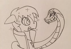 Size: 2446x1694 | Tagged: safe, artist:lunahazacookie, imported from derpibooru, oc, oc only, earth pony, snake, bedroom eyes, clothes, duo, earth pony oc, hypno eyes, kaa eyes, lineart, male, stallion, traditional art