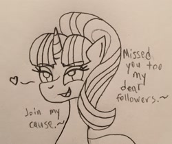 Size: 1898x1594 | Tagged: safe, artist:lunahazacookie, imported from derpibooru, starlight glimmer, pony, unicorn, bedroom eyes, bust, eyelashes, female, heart, lineart, mare, s5 starlight, solo, talking, traditional art