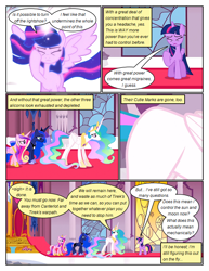 Size: 612x792 | Tagged: safe, artist:newbiespud, edit, edited screencap, imported from derpibooru, screencap, princess cadance, princess celestia, princess luna, twilight sparkle, alicorn, pony, comic:friendship is dragons, twilight's kingdom, comic, dialogue, ethereal mane, facehoof, female, glowing, glowing horn, hoof shoes, horn, indoors, jewelry, mare, peytral, screencap comic, starry mane, tiara, twilight sparkle (alicorn)