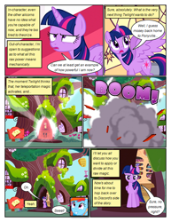 Size: 612x792 | Tagged: safe, artist:newbiespud, edit, edited screencap, imported from derpibooru, screencap, rainbow dash, twilight sparkle, alicorn, pegasus, pony, comic:friendship is dragons, twilight's kingdom, comic, dialogue, explosion, female, golden oaks library, mare, onomatopoeia, outdoors, twilight sparkle (alicorn), unamused