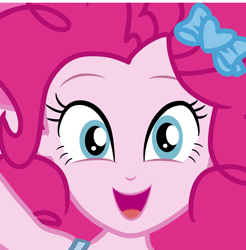 Size: 1480x1504 | Tagged: safe, artist:milkyboo898, imported from derpibooru, screencap, pinkie pie, human, equestria girls, bow, close-up, cropped, female, hair bow, happy, looking at you, smiling, smiling at you, solo