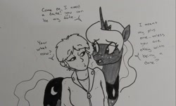 Size: 2048x1238 | Tagged: safe, artist:pony quarantine, imported from derpibooru, princess luna, alicorn, human, pony, dialogue, duo, duo female, female, freckles, grayscale, interspecies, lesbian, mare, monochrome, shipping, traditional art