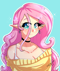 Size: 1800x2110 | Tagged: safe, artist:mylittleyuri, imported from derpibooru, fluttershy, human, blue background, bra, bra strap, breasts, bust, busty fluttershy, choker, cleavage, clothes, elf ears, humanized, outline, portrait, simple background, smiling, solo, underwear, white outline