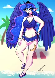 Size: 1750x2450 | Tagged: safe, artist:mylittleyuri, imported from derpibooru, princess luna, human, ;p, beach, belly button, bikini, breasts, busty princess luna, clothes, elf ears, female, horn, horned humanization, humanized, looking at you, one eye closed, sandals, smiling, smiling at you, solo, swimsuit, tongue out, winged humanization, wings, wink, winking at you