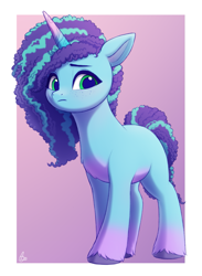 Size: 1407x1923 | Tagged: safe, artist:luminousdazzle, imported from derpibooru, pony, unicorn, curly mane, female, g5, gradient hooves, mare, misty brightdawn, mistybetes, multicolored mane, my little pony: make your mark, solo, unshorn fetlocks, worried