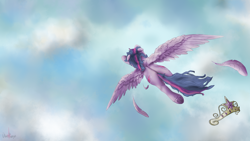 Size: 2560x1440 | Tagged: safe, artist:uberponya, imported from derpibooru, twilight sparkle, alicorn, pony, big crown thingy, cloud, crown, element of magic, feather, flying, heart, hoof heart, horn, jewelry, regalia, simple background, sky, solo, twilight sparkle (alicorn), underhoof, wings