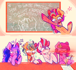 Size: 2228x2048 | Tagged: safe, artist:sockiepuppetry, imported from derpibooru, hitch trailblazer, izzy moonbow, pipp petals, sunny starscout, twilight sparkle, zipp storm, alicorn, earth pony, pegasus, pony, unicorn, blushing, chalk, chalk drawing, chalkboard, chest fluff, fanfic, female, g5, glowing, glowing eyes, high res, male, mane five (g5), mare, markings, nodding, open mouth, paper, pen, red eyes, shipper on deck, stallion, traditional art, twilight sparkle (alicorn), unshorn fetlocks, varying degrees of want