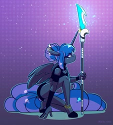 Size: 1640x1814 | Tagged: safe, artist:lrusu, imported from derpibooru, princess luna, alicorn, anthro, unguligrade anthro, alternate hairstyle, boob window, clothes, dock, fingerless gloves, glaive, gloves, long gloves, midriff, solo, staff, tail