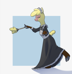 Size: 1467x1504 | Tagged: safe, artist:hitsuji, imported from derpibooru, anthro, unguligrade anthro, them's fightin' herds, abstract background, clothes, cloven hooves, community related, costume, duster, eyes closed, maid, paprika (tfh), simple background, solo