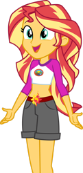 Size: 1280x2648 | Tagged: safe, alternate version, artist:cloudy glow, edit, imported from derpibooru, vector edit, sunset shimmer, human, equestria girls, legend of everfree, .ai available, absurd resolution, belly button, camp everfree outfits, clothes, denim, denim shorts, embrace the magic, female, happy, legs, long hair, midriff, open mouth, shorts, simple background, smiling, solo, standing, teenager, transparent background, turquoise eyes, two toned hair, vector, yellow skin