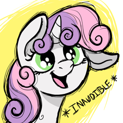 Size: 2718x2718 | Tagged: safe, artist:doodledonutart, imported from derpibooru, sweetie belle, pony, unicorn, abstract background, bust, cute, descriptive noise, diasweetes, female, filly, floppy ears, foal, one ear down, open mouth, solo, squeak, squeaky belle