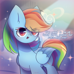 Size: 2350x2350 | Tagged: safe, artist:miryelis, imported from derpibooru, rainbow dash, pegasus, pony, 20% cooler, commission, dialogue, eye clipping through hair, grammar error, looking at you, multicolored hair, rainbow hair, simple background, smiling, smiling at you, solo, sparkles, text, wings