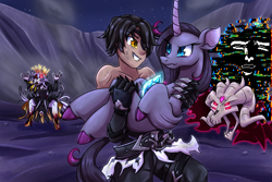 Size: 1800x1200 | Tagged: safe, artist:redahfuhrerking, imported from derpibooru, fhtng th§ ¿nsp§kbl, classical hippogriff, hippogriff, human, pony, them's fightin' herds, community related, error, fanfic art, glitch, holding a pony, oleander (tfh)