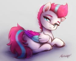 Size: 2463x1989 | Tagged: safe, artist:buttersprinkle, imported from derpibooru, zipp storm, pegasus, pony, adorazipp, butt, cute, dock, female, frown, g5, high res, lidded eyes, looking at you, looking back, looking back at you, lying, mare, plot, prone, signature, simple background, sitting, solo, tail, zippbutt