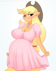 Size: 2364x3000 | Tagged: safe, artist:xjenn9, imported from derpibooru, applejack, anthro, earth pony, applejack's hat, blushing, breasts, busty applejack, cleavage, clothes, cowboy hat, cute, dress, female, freckles, hat, jackabetes, one eye closed, preggo jack, pregnant, smiling, solo, ych example, your character here