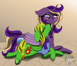 Size: 1424x1233 | Tagged: safe, artist:gray star, derpibooru exclusive, imported from derpibooru, oc, oc only, oc:wishing star (graystar), pegasus, pony, fallout equestria, artificial alicorn, cuddling, female, purple alicorn (fo:e), smiling, two toned mane, wings