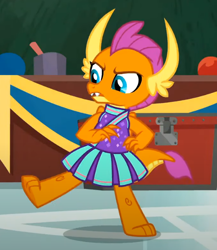 Size: 568x654 | Tagged: safe, imported from derpibooru, screencap, smolder, dragon, 2 4 6 greaaat, season 9, spoiler:s09, cheerleader, cheerleader outfit, cheerleader smolder, clothes, cropped, dragoness, female, kicking, solo