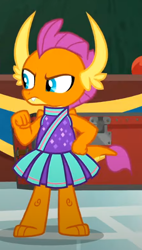 Size: 370x650 | Tagged: safe, imported from derpibooru, screencap, smolder, dragon, 2 4 6 greaaat, angry, cheerleader, cheerleader outfit, cheerleader smolder, clothes, cropped, dragoness, female, hand on hip, solo